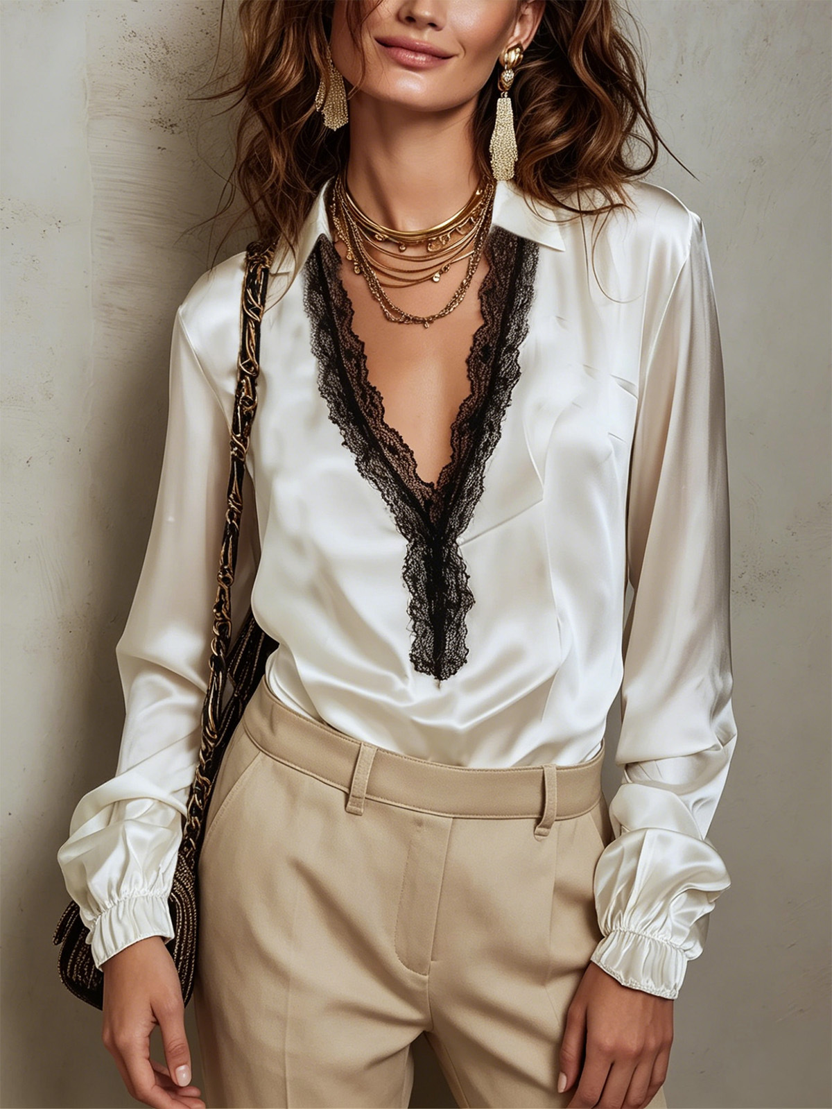 Women's V-Neck Black Lace Patchwork Blouse - back view detail
