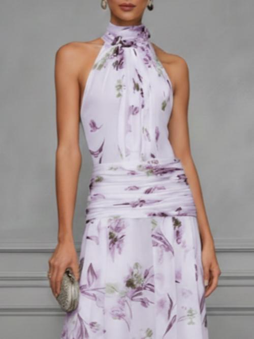 White purple halter neck dress – printed fitted sleeveless maxi long dress