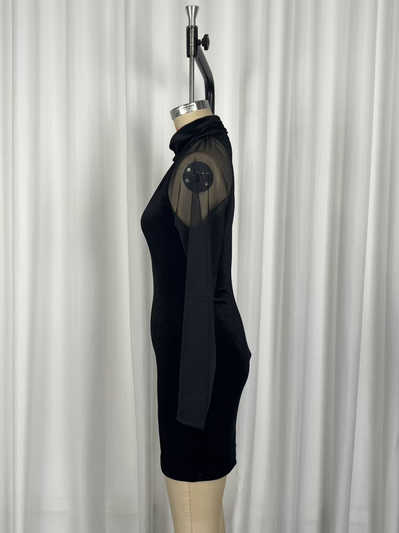 Black high neck sheath dress detail – long sleeve mesh overlay midi formal wear