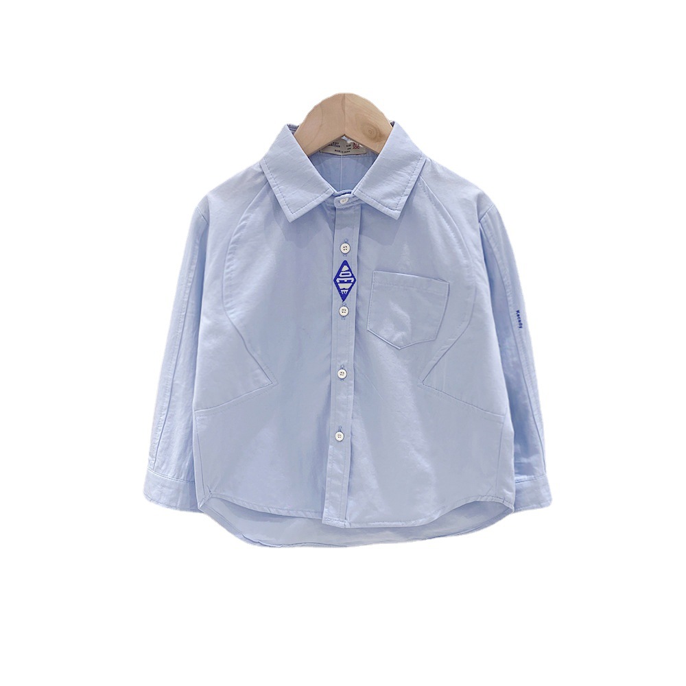 Long Sleeve Shirt Solid Color Top with Embroidered Logo for Kids Clothing Boy's Shirt