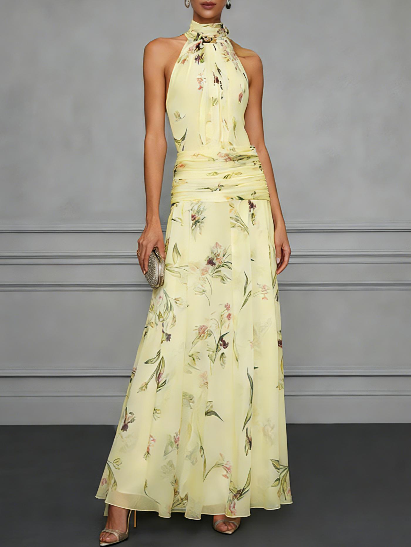 Women's halter neck maxi dress white green – printed fitted sleeveless long