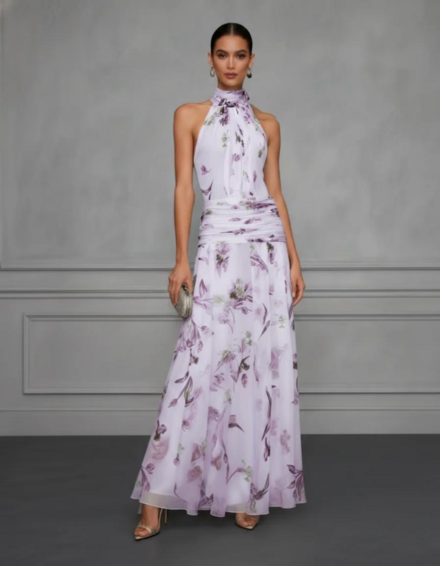 Halter neck printed maxi dress back view – fitted sleeveless long dress sky blue