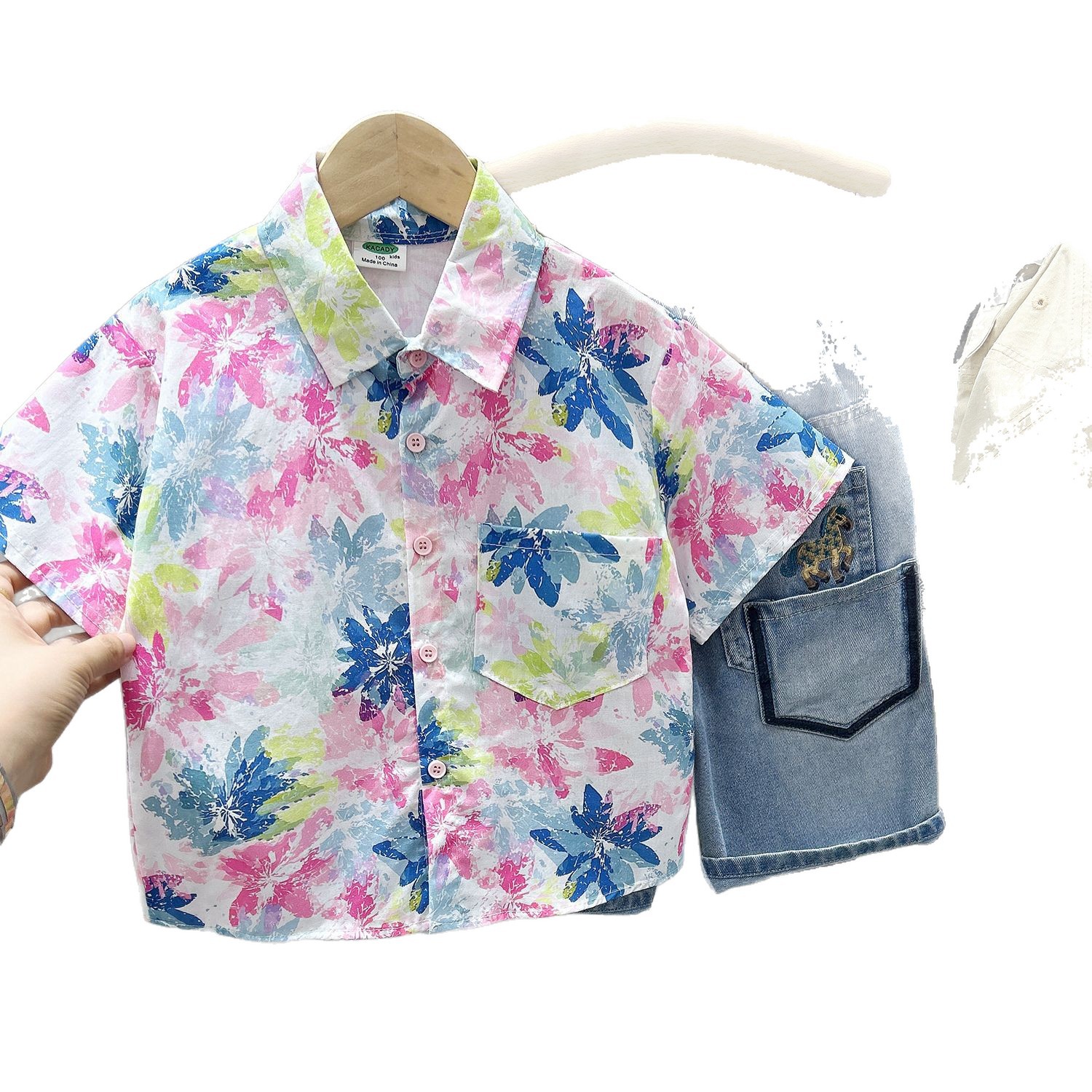 Short Sleeve Shirt Beach Style Floral Pattern, Lightweight Cotton Blouse for Kids