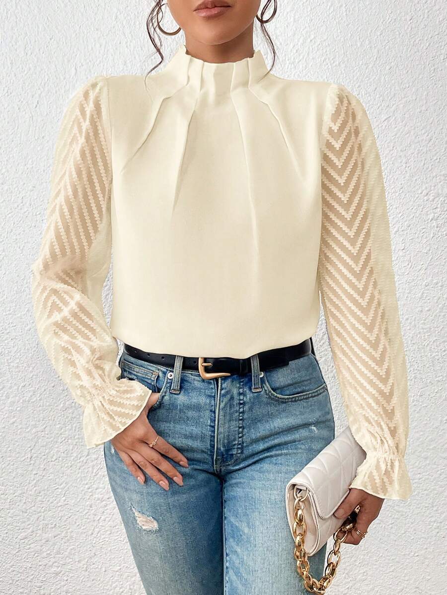 Women's elegant chiffon top back view – mock neck pullover