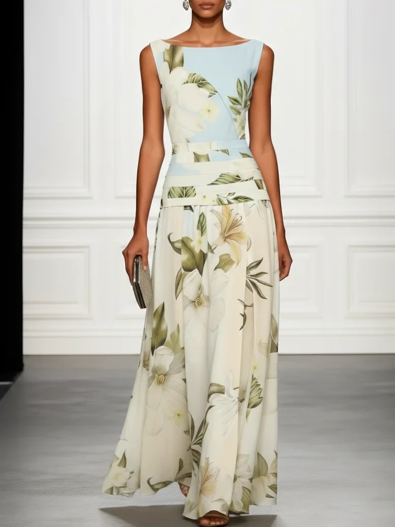 Women's Floral Print Sleeveless Backless Maxi Dress - detail of neckline and bodice