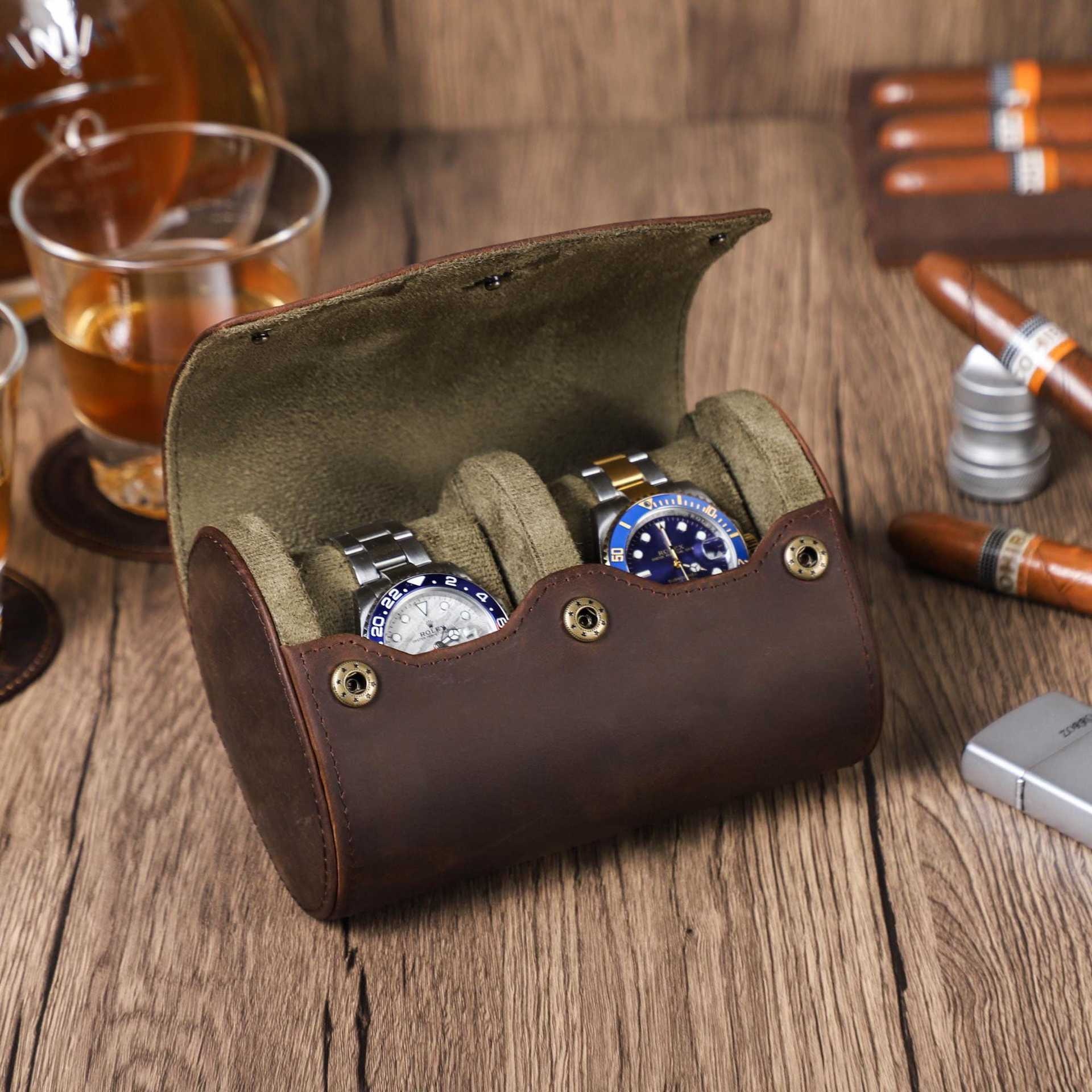 Vintage Crazy Horse Leather Mechanical Watch Box, 2-Piece Set, Handmade Portable Travel Leather