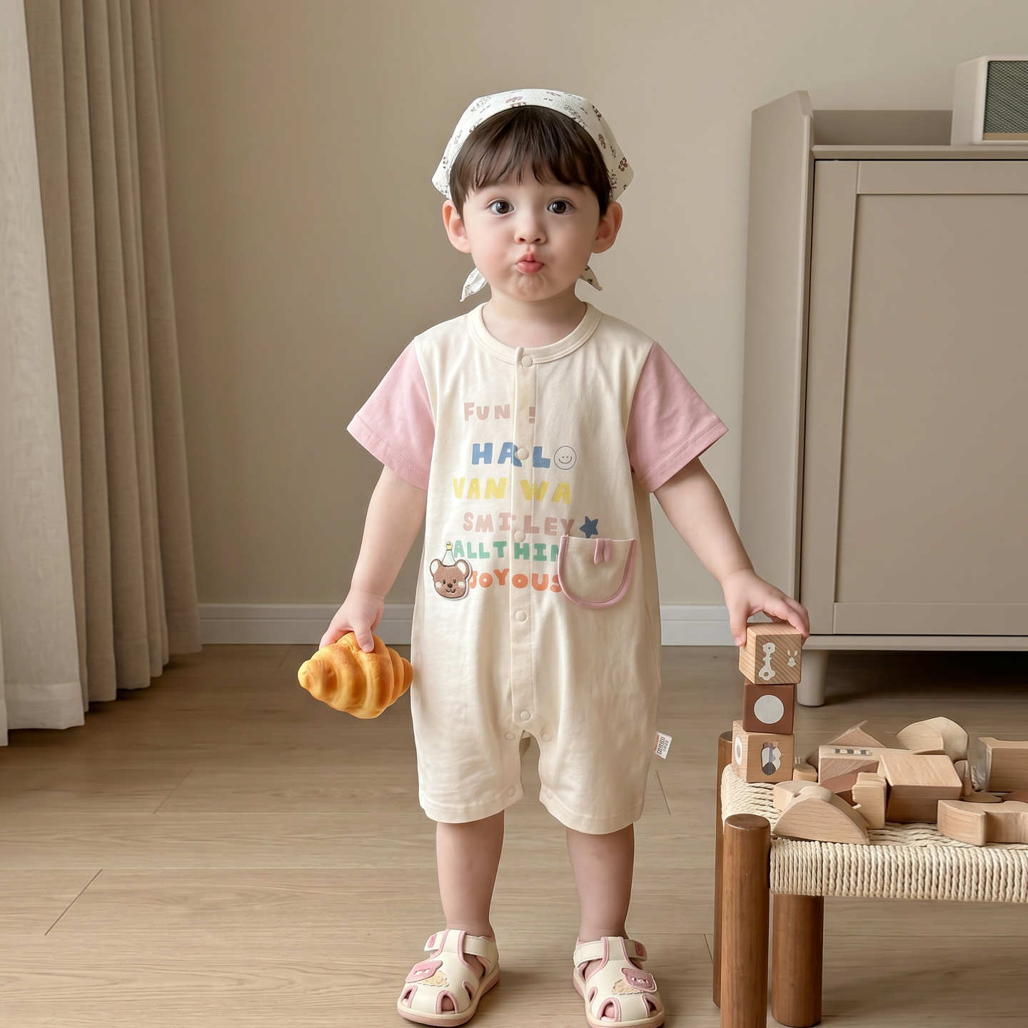 Baby Short-sleeve Romper with Cartoon Bear Design Breathable Short Crawler, Drop Shipping Source