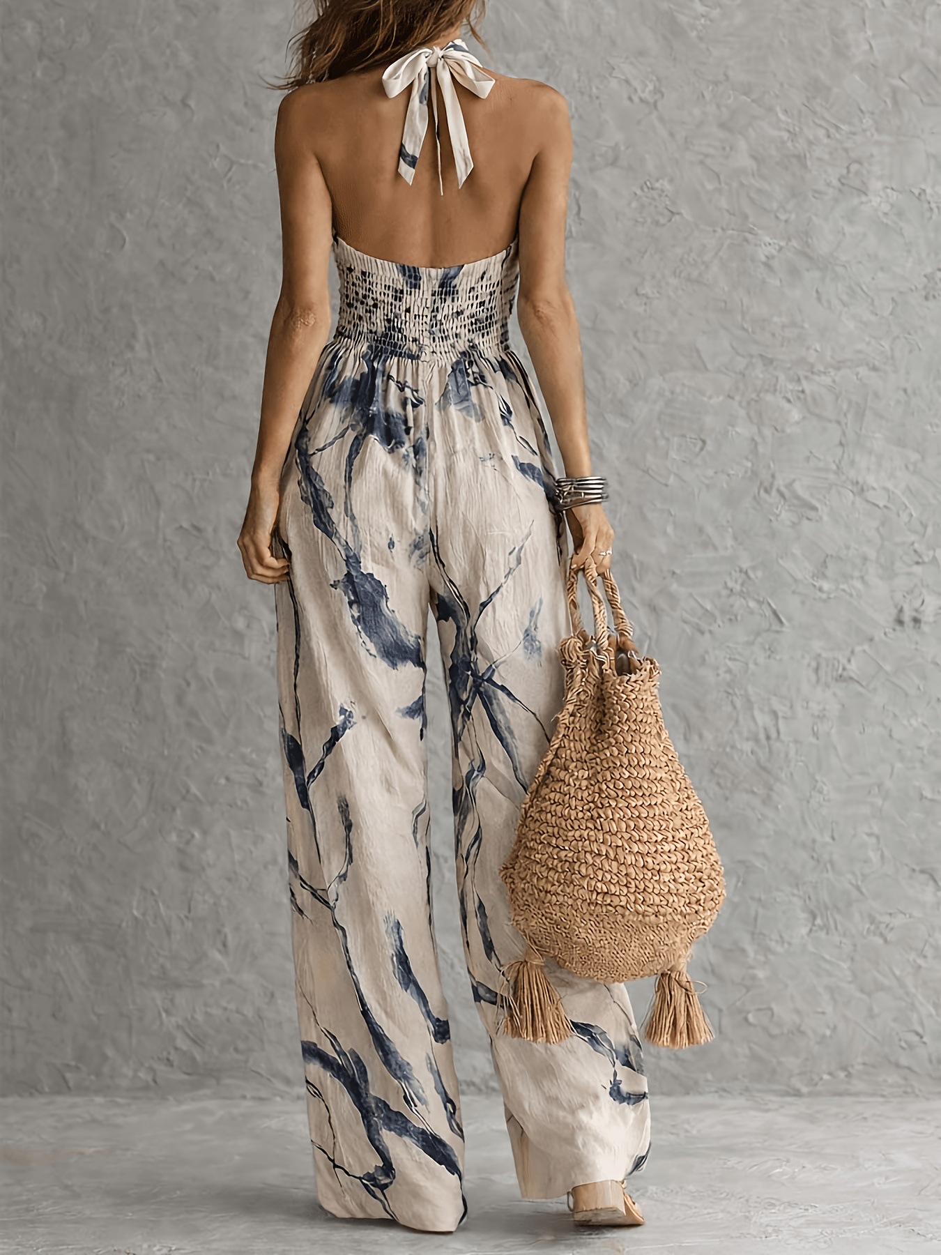 Ink print wide leg jumpsuit apricot – halter neck pocket resort vacation jumpsuit