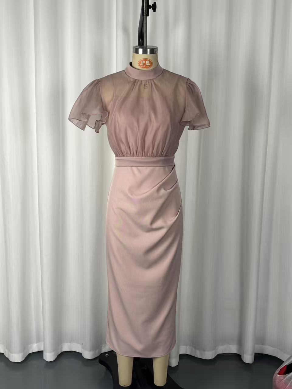 Pink mesh lace-up dress set back view – long skirt and top two-piece
