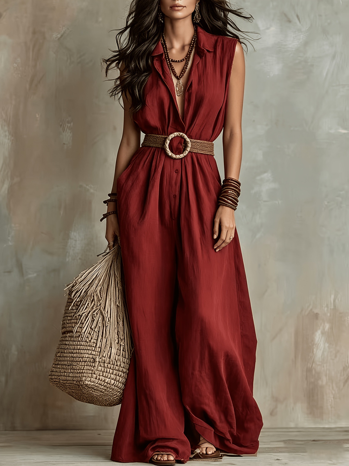 Women's red maxi jumpsuit – sleeveless loose fit solid color long casual resort