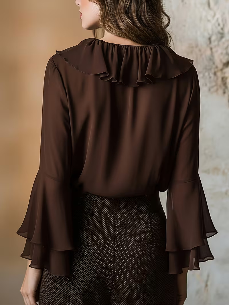 Women's V-neck ruffle blouse — Burgundy color detail