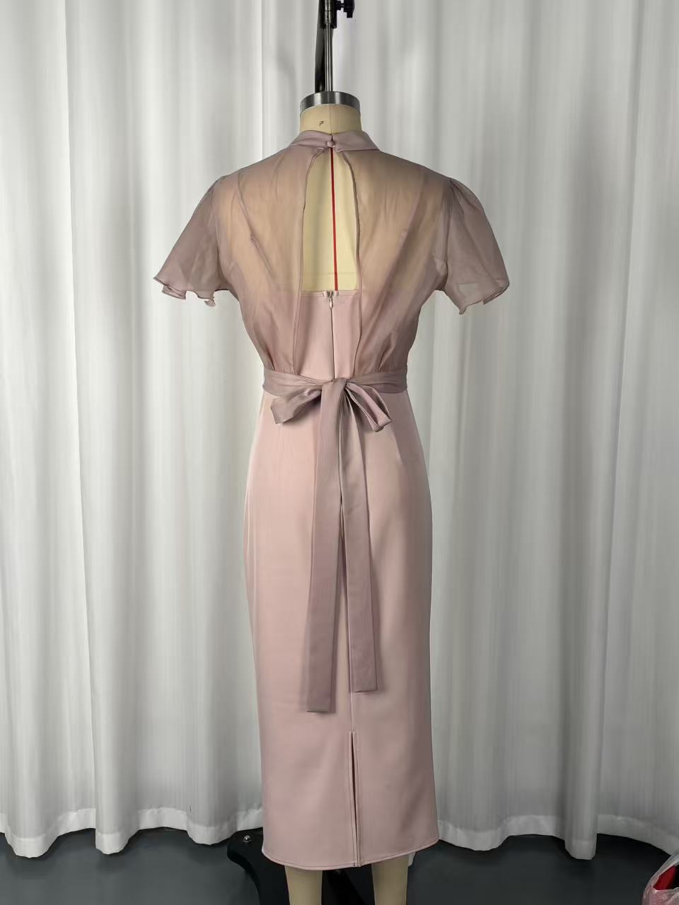 Solid pink mesh dress set – lace-up waist long skirt and top elegant resort