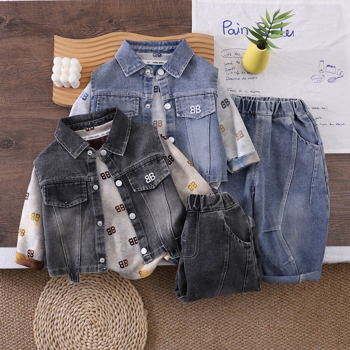 Spring and Autumn Baby Boys Cowboy Vest Long Sleeve Three Piece Set