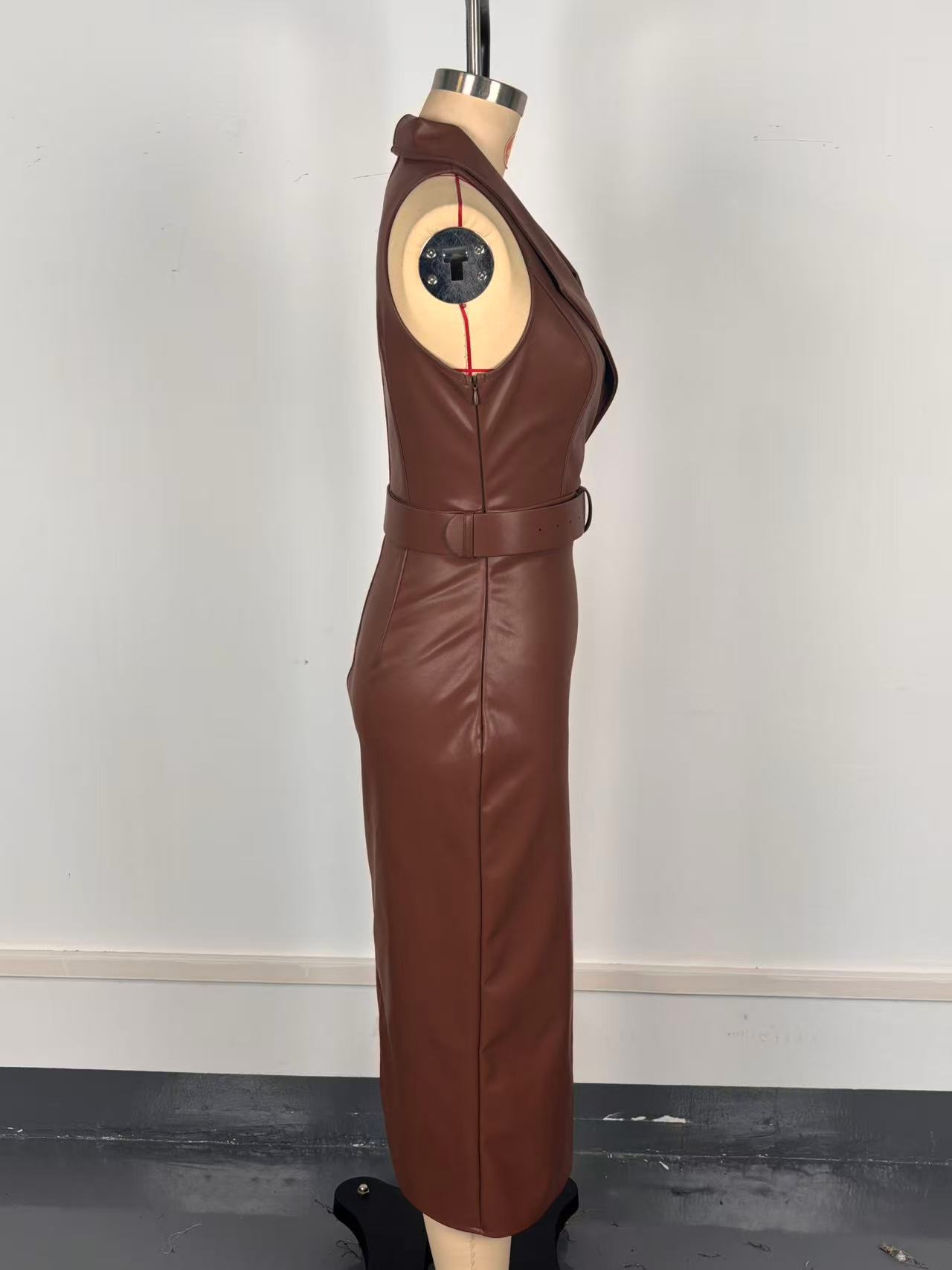 Faux leather long dress in caramel - full body model view
