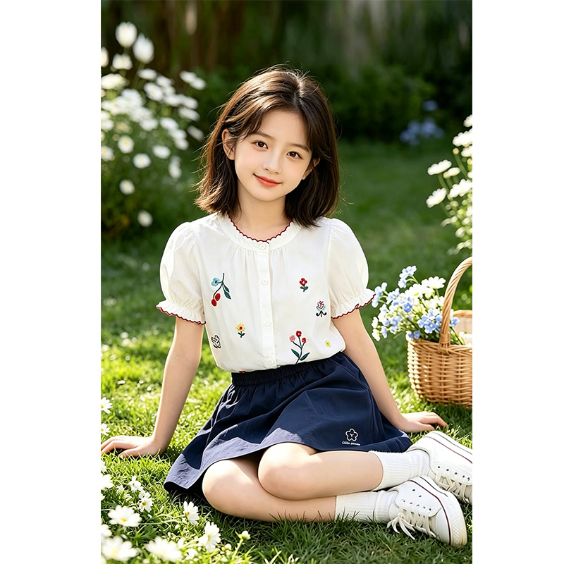 Bubble sleeve embroidered pure cotton shirt