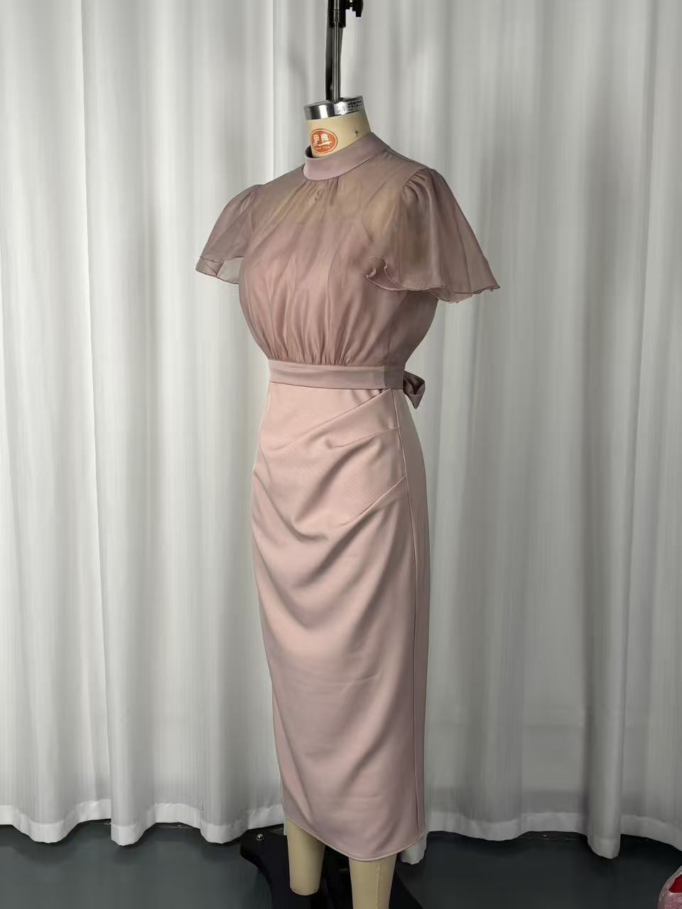 Pink lace-up waist two-piece set – mesh top and long skirt date night outfit