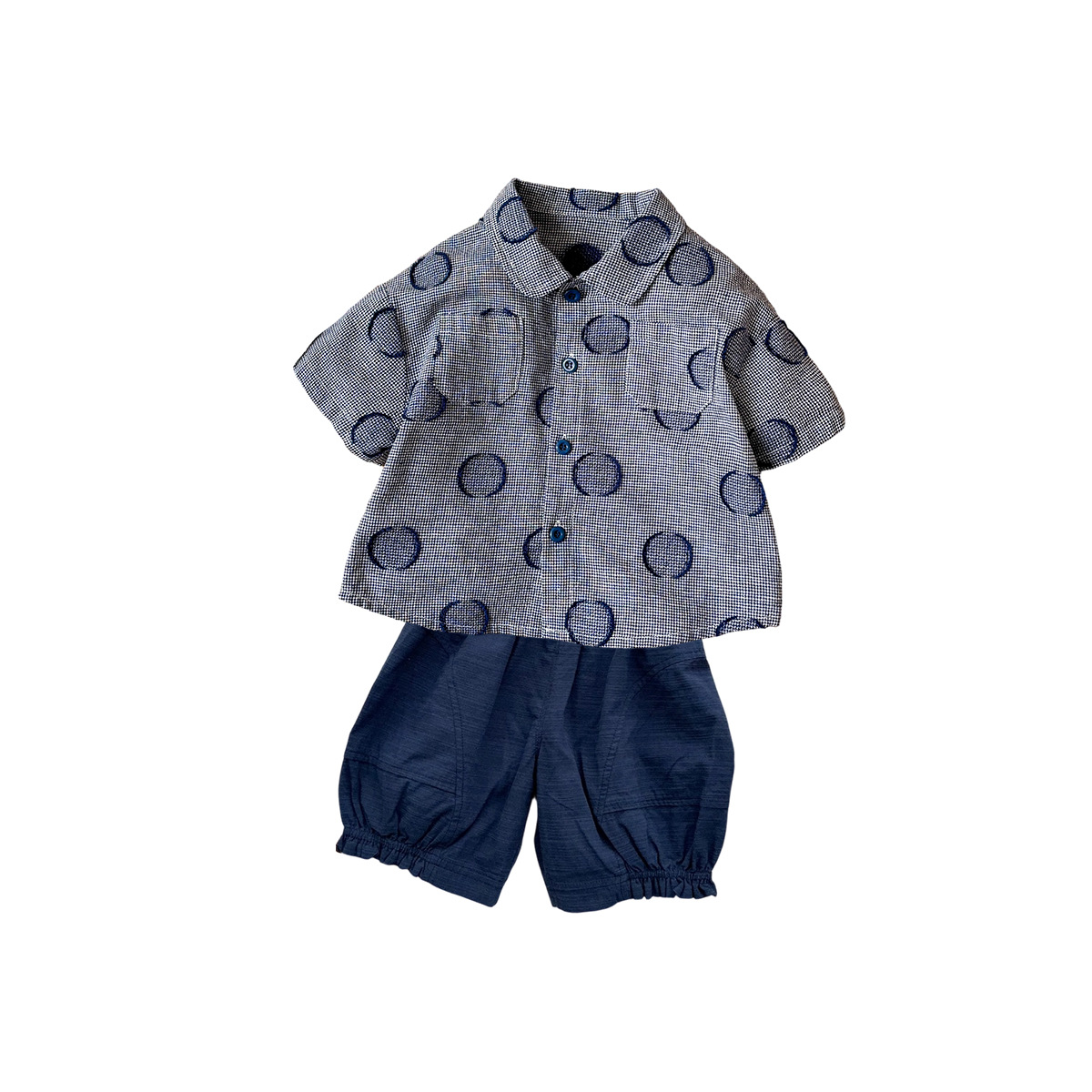 Casual Plaid Shirt with Cartoon Print Boy's Lightweight Outfit Short Sleeve Pants Set for Toddler