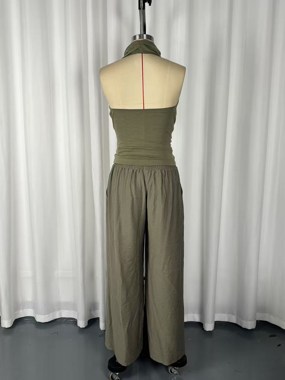 Women's two-piece halter neck set – sleeveless top loose pants green dark gray