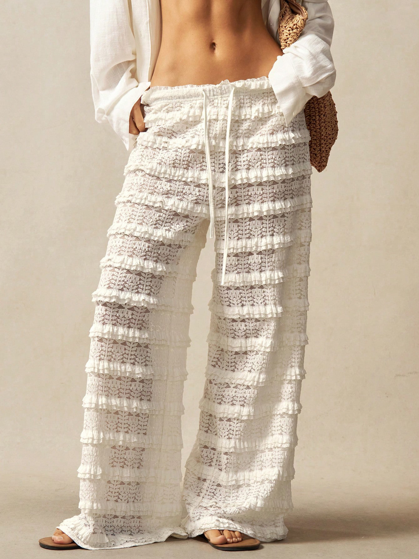 Women's apricot lace pants full length view – wide leg boho trousers