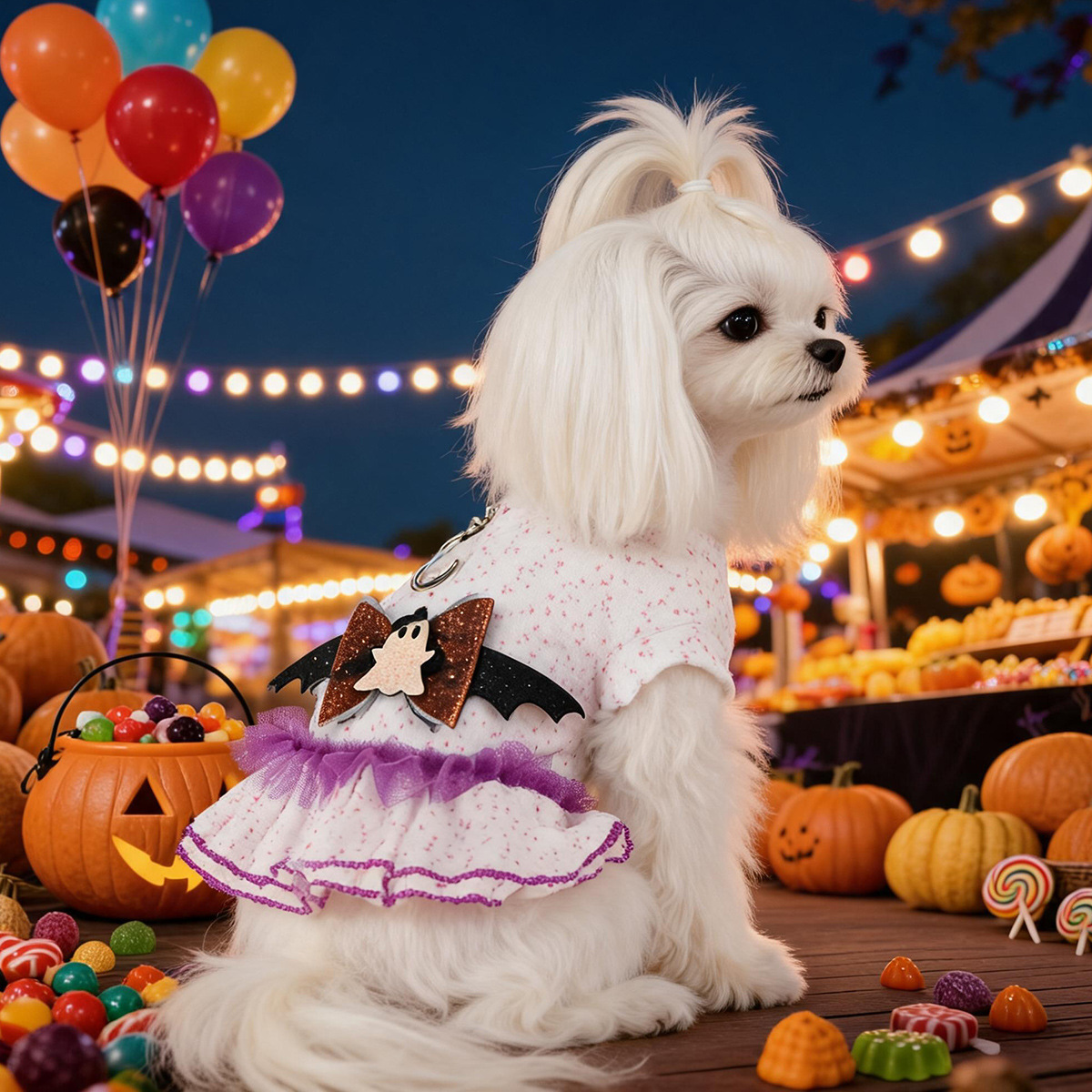 Ghost Bat Halloween Pet Tulle Dress with Leash for Small Cats and Dogs, Purple Mesh Costume for