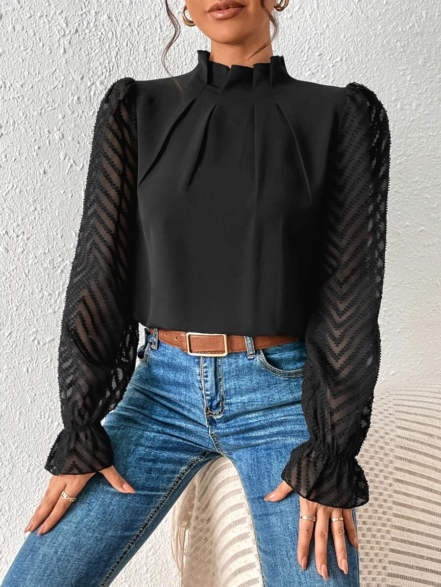 Women's coral chiffon blouse full view – ruffle cuff long sleeve