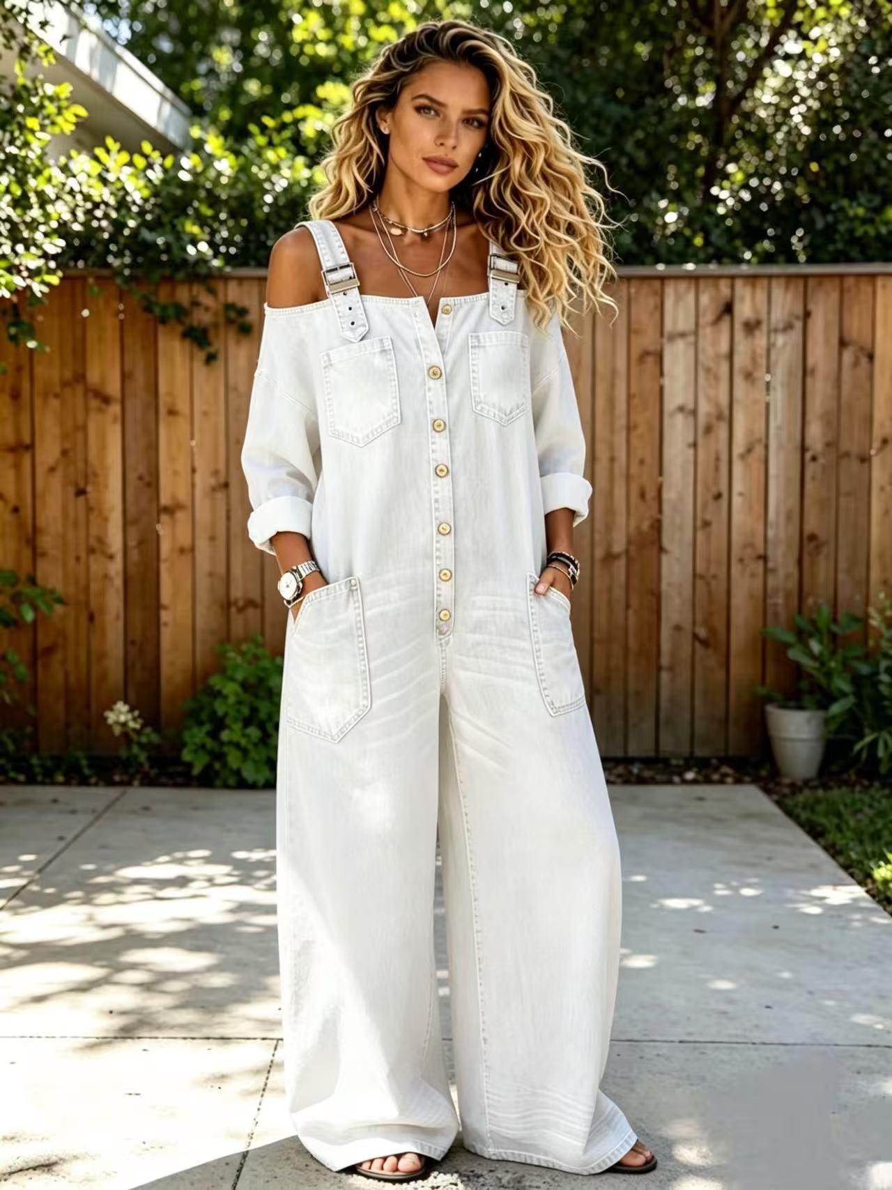 Blue washed denim wide-leg overalls with button closure – retro casual summer style