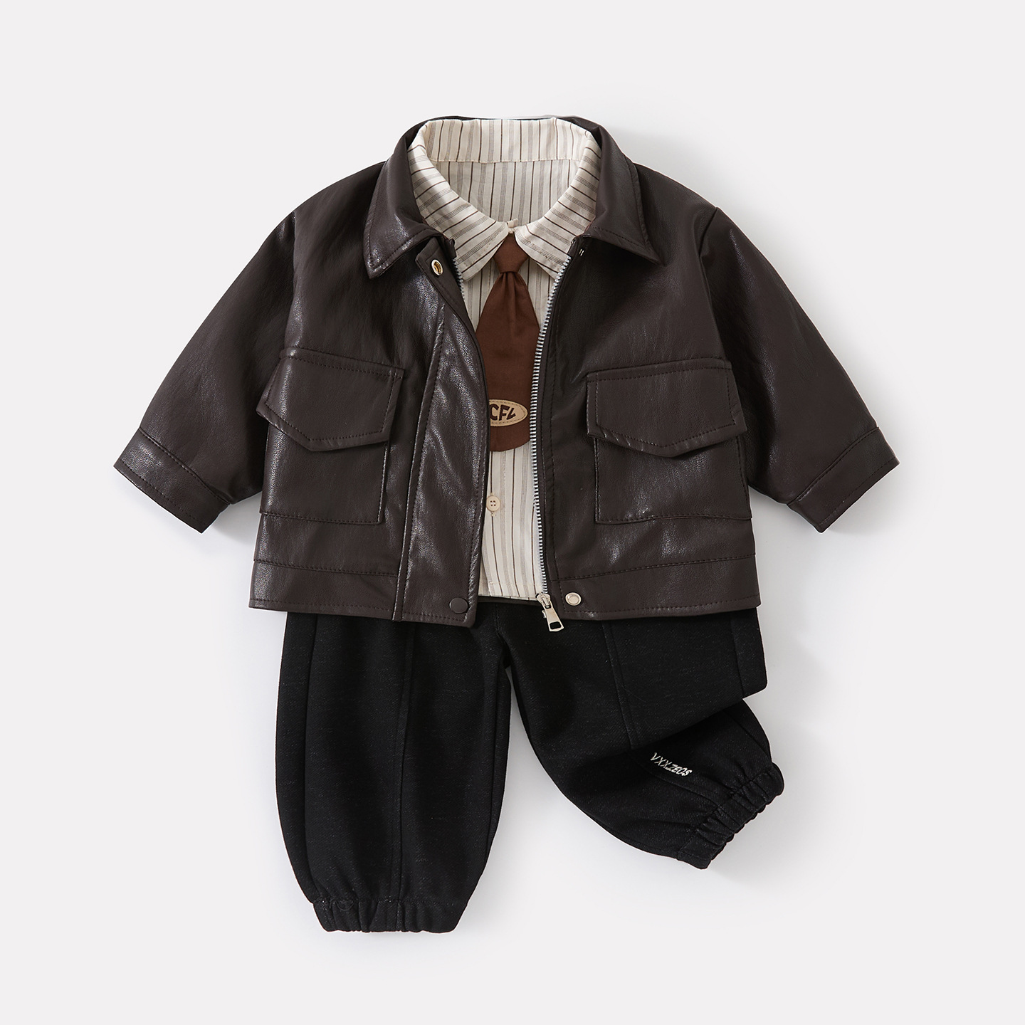 Leather Jacket, Casual Cuffed Pants 3-Piece Set