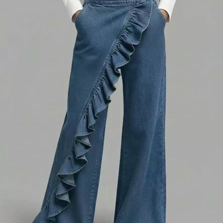 Light blue vintage irregular mid-waist slim denim jeans – retro chic casual style