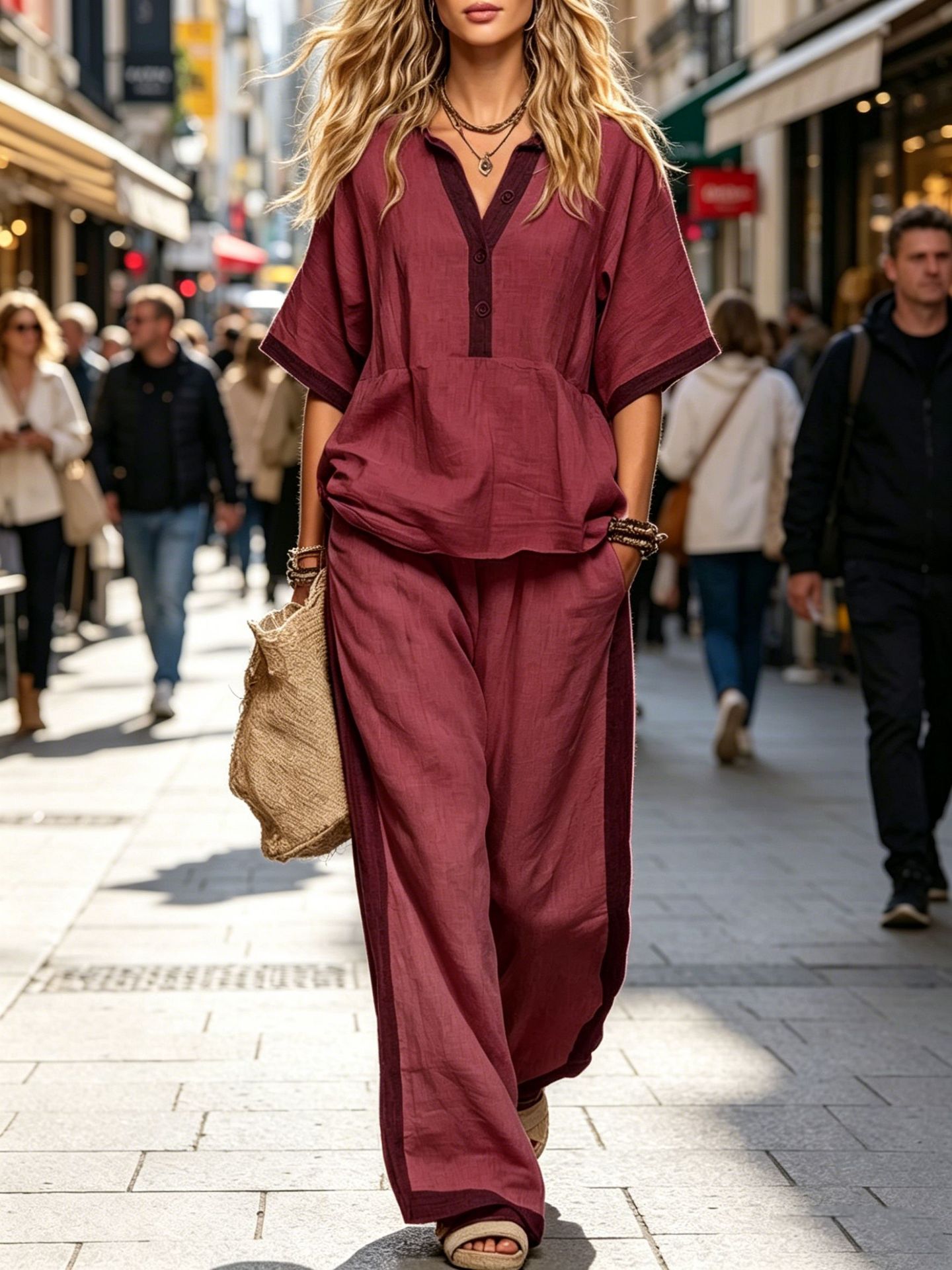 Women's contrast trim top and wide-leg pants back view