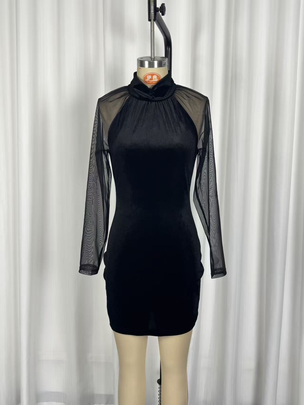 Women's black formal dress – high neck sheath midi long sleeve mesh overlay