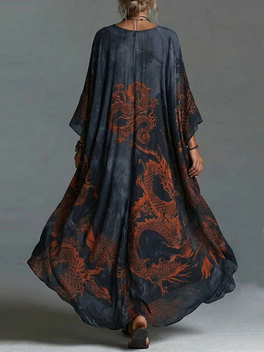 Women's Dragon Print Maxi Dress - lifestyle beach vacation styling shot