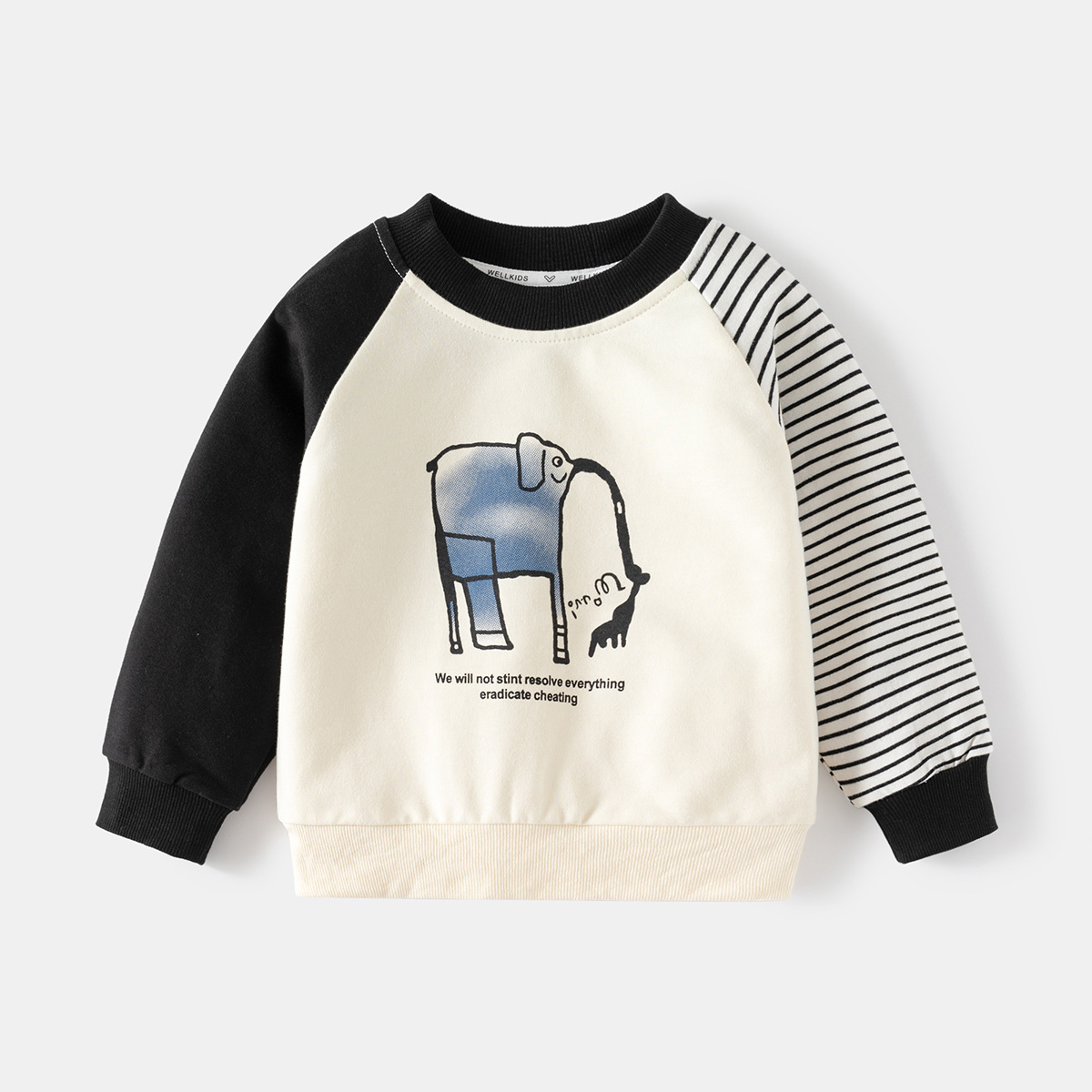 Round Neck Hoodie, Kids Cartoon Color-Block Sleeve Outerwear, Baby Top