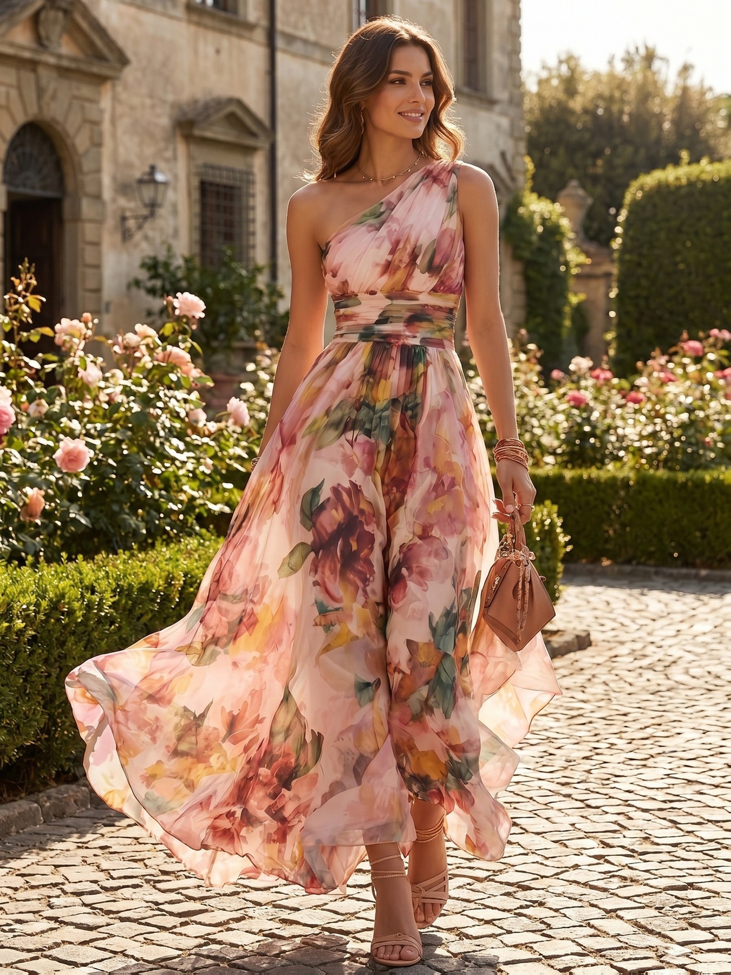 Women's floral one shoulder dress – waist cinching beach maxi long dress