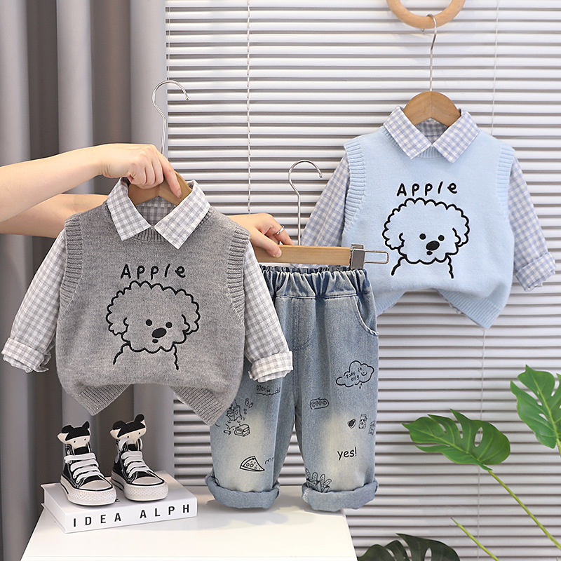 Spring and Autumn Cartoon Sweater Vest 3-Piece Set