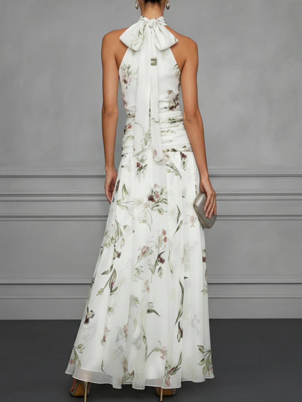 Sky blue fitted halter maxi dress – printed sleeveless long dress resort wear