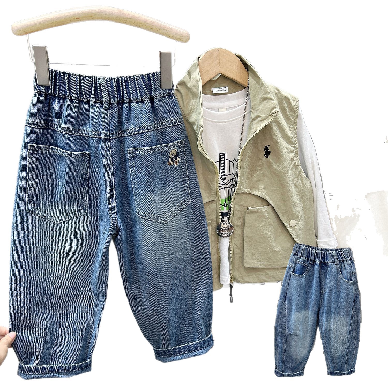 Denim Pants Boys Casual Straight Leg Long Pants Solid Color for Kids