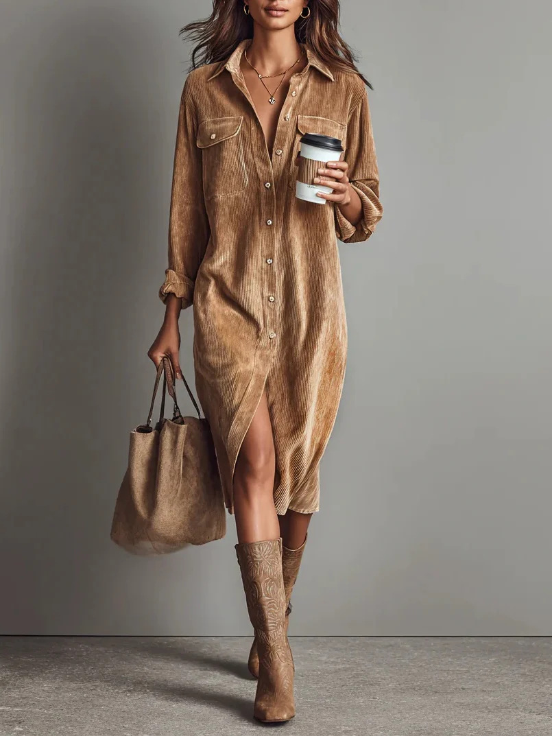 Women's corduroy shirt dress front slit and hem detail