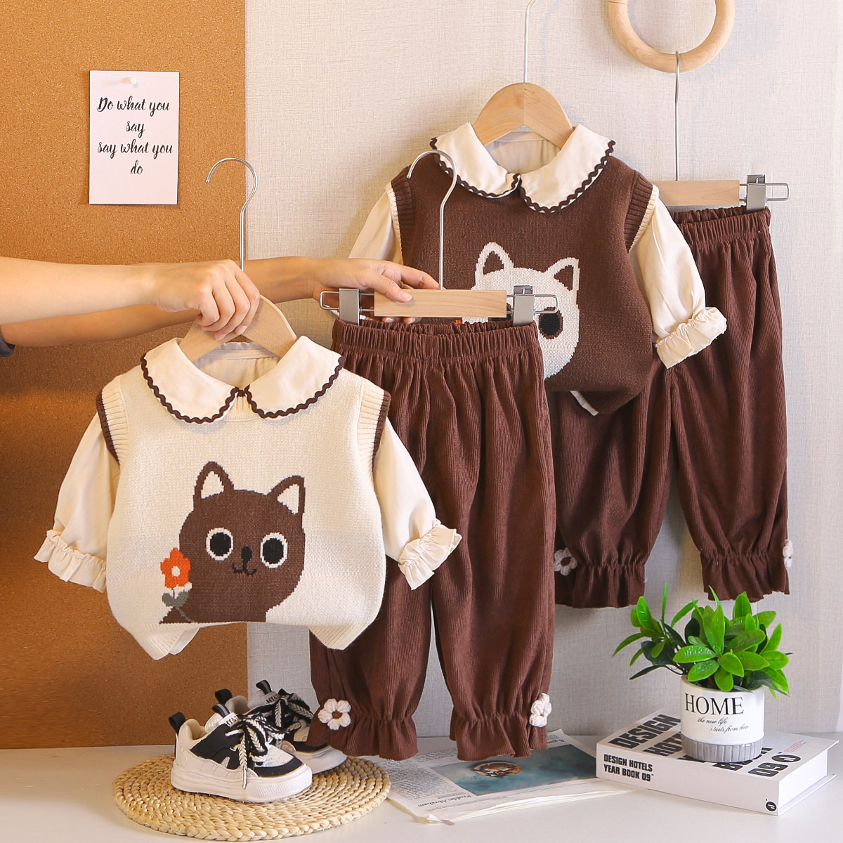 Cat sweater vest three piece set for little girls' clothes
