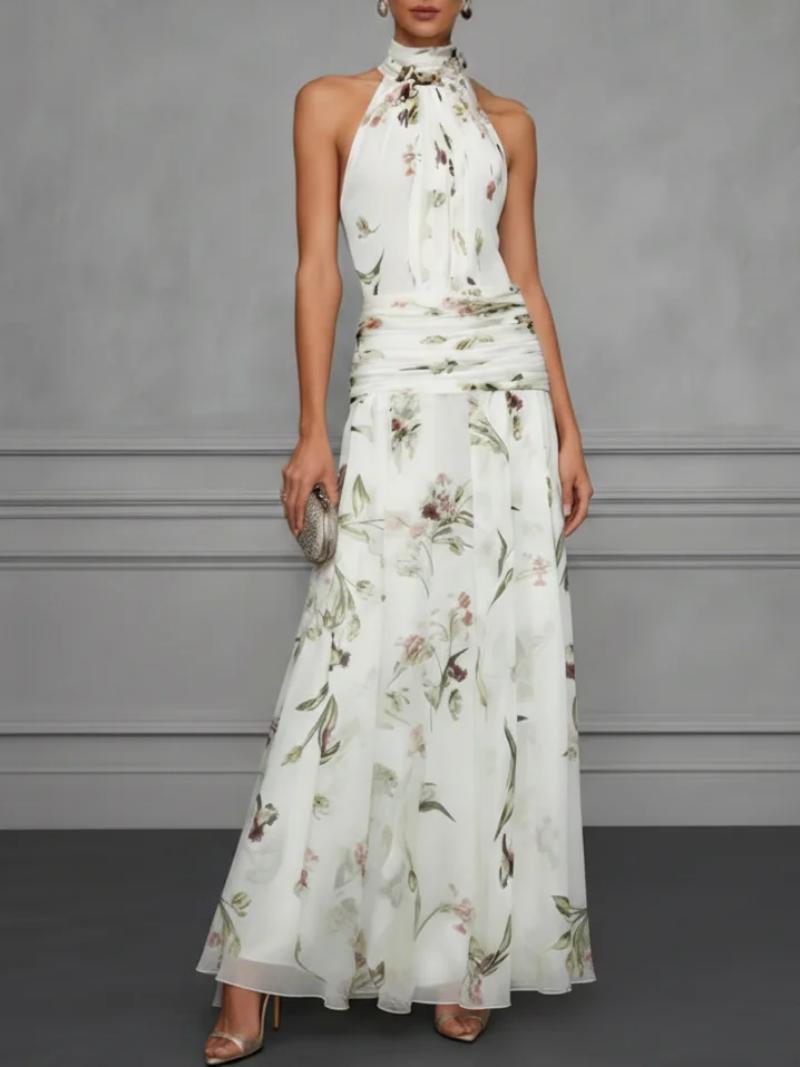 White purple printed maxi dress – halter neck fitted sleeveless long dress