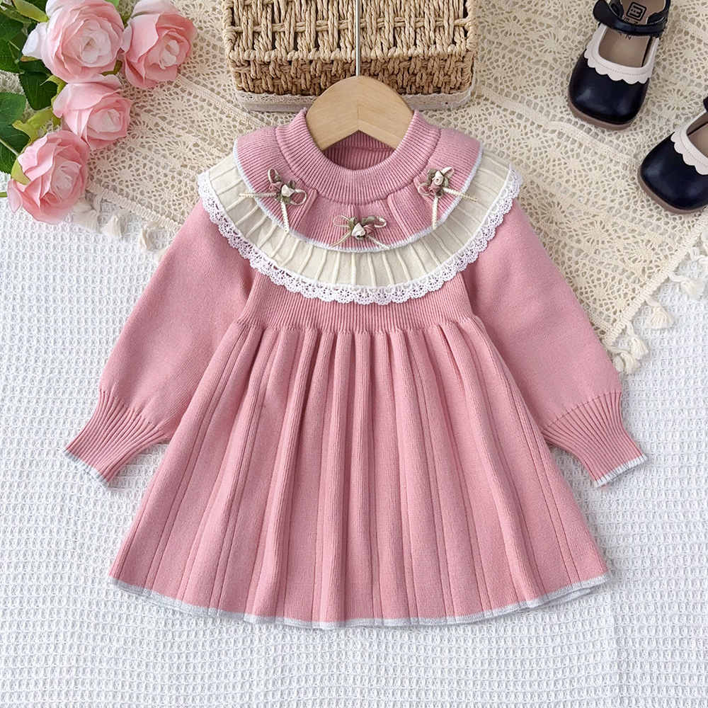 Cute Knit Dress for Girls with Flower Pattern, Long Sleeve Pullover Princess Style Casual Wear