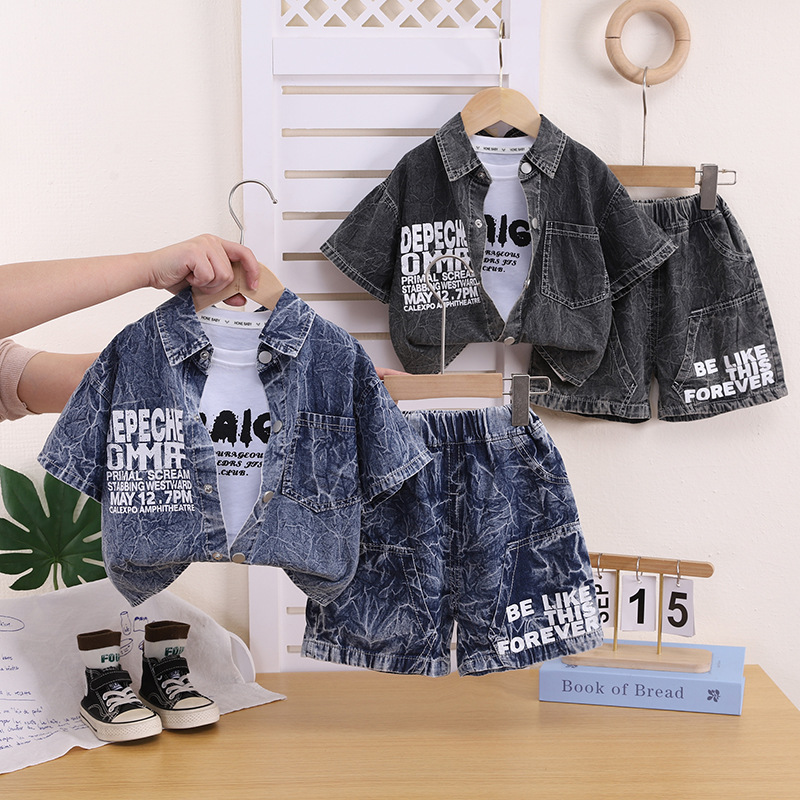 Summer clothes boys and children denim short sleeved three piece set