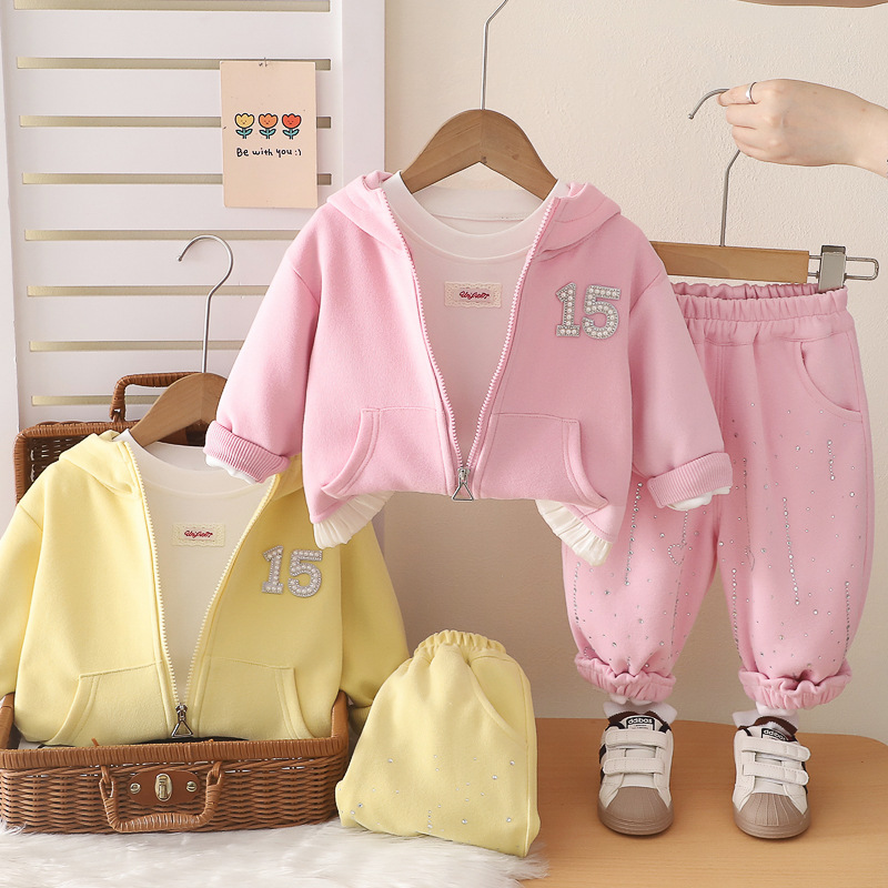 Coat autumn outfit girl hooded long sleeved three piece set