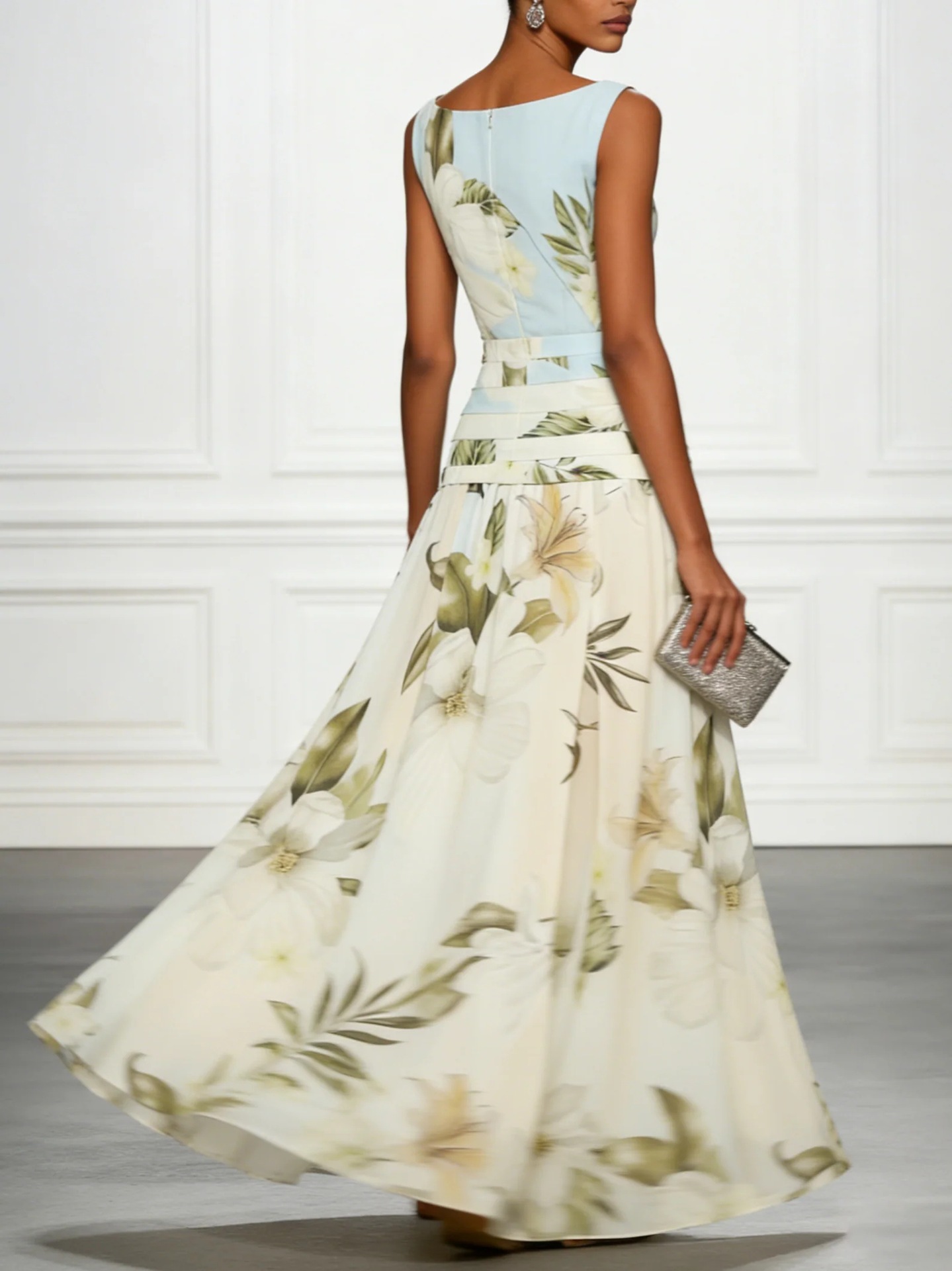 Women's Floral Print Sleeveless Backless Maxi Dress - editorial flat lay
