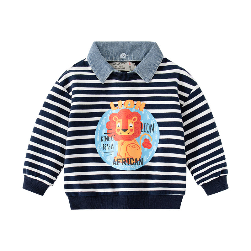 Casual Long Sleeve Top for Boys, Fashionable Turn-Down Collar Cotton Striped Sweatshirt