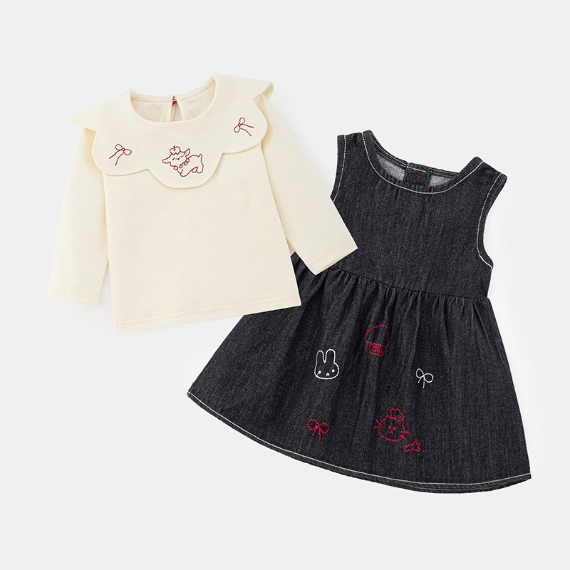 Cute Girls' Outfit Set with Fleece Vest and Princess Dress, Stylish Denim Skirt Two-Piece Set for