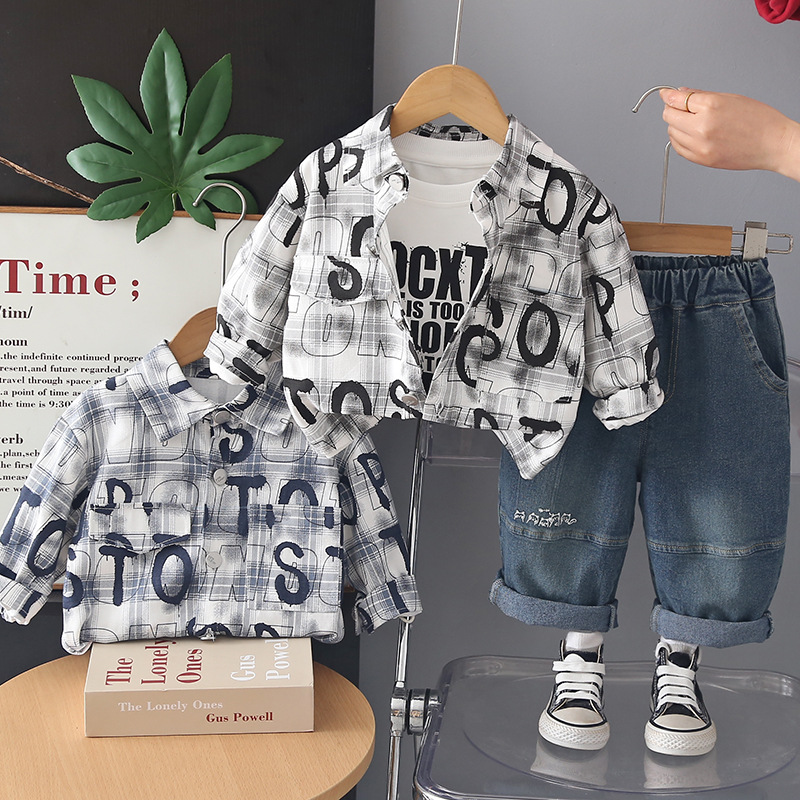 Spring and Autumn Infant and Children's Shirt Long Sleeve Three Piece Set