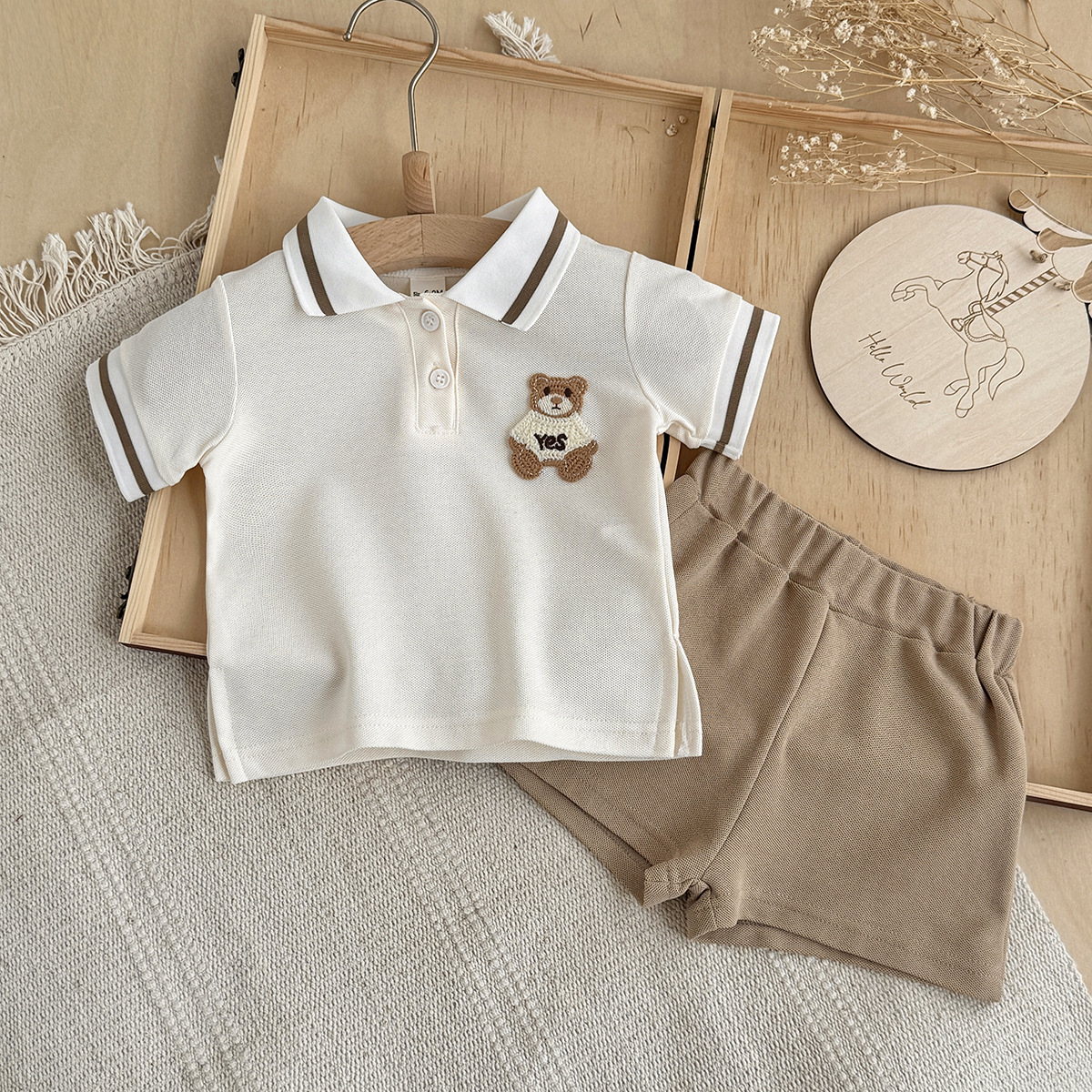Summer two-piece set of contrasting collar teddy bear polo shirt and shorts