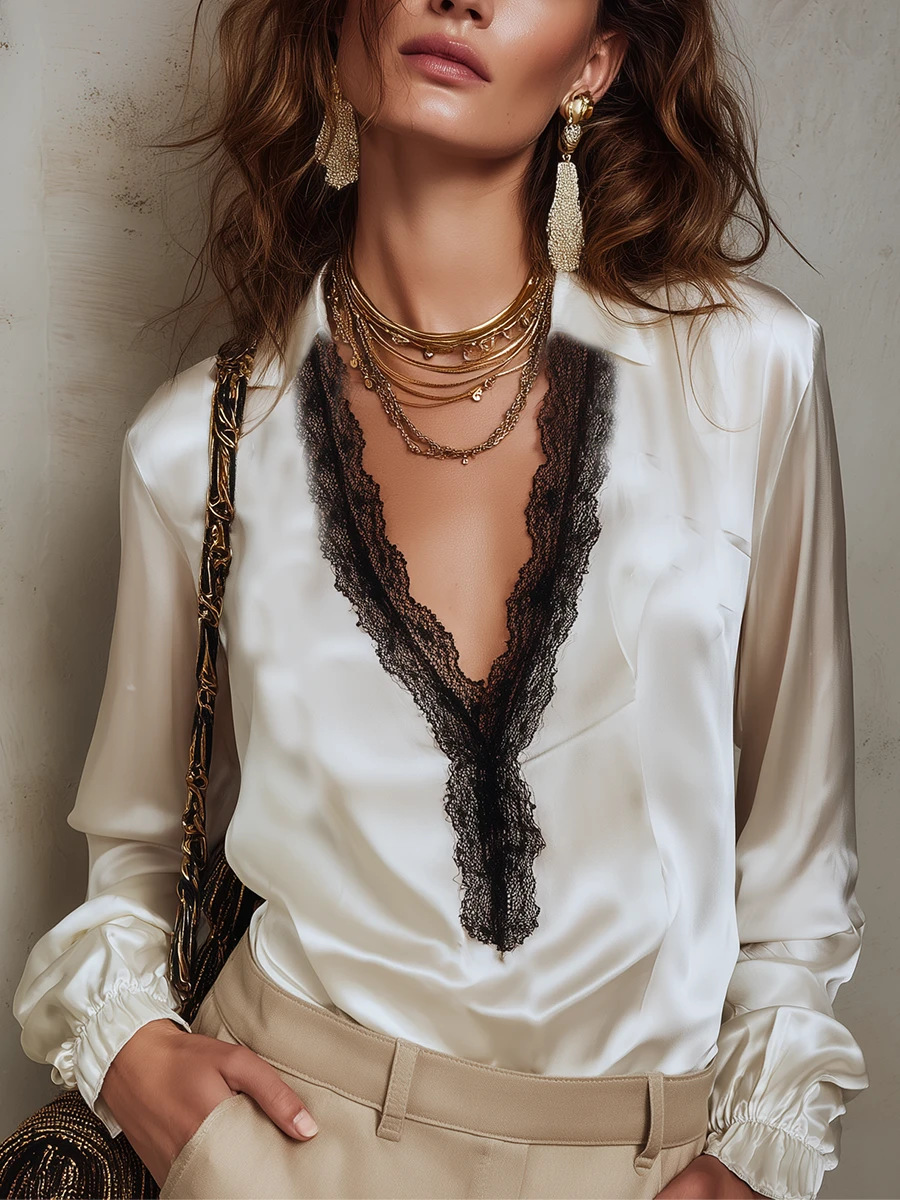 Women's V-Neck Black Lace Patchwork Blouse - cuff and sleeve detail close-up