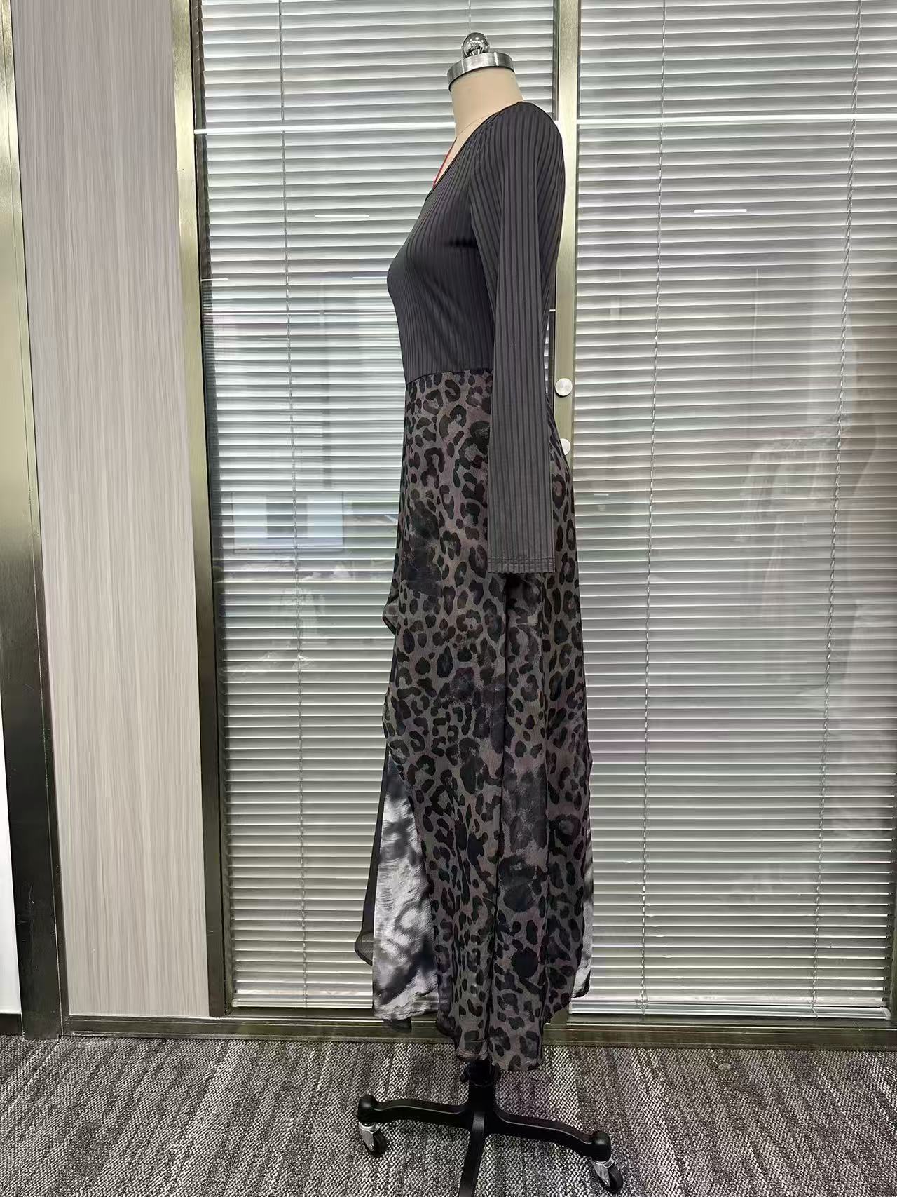 Women's leopard print maxi dress skirt panel detail – animal print overlay