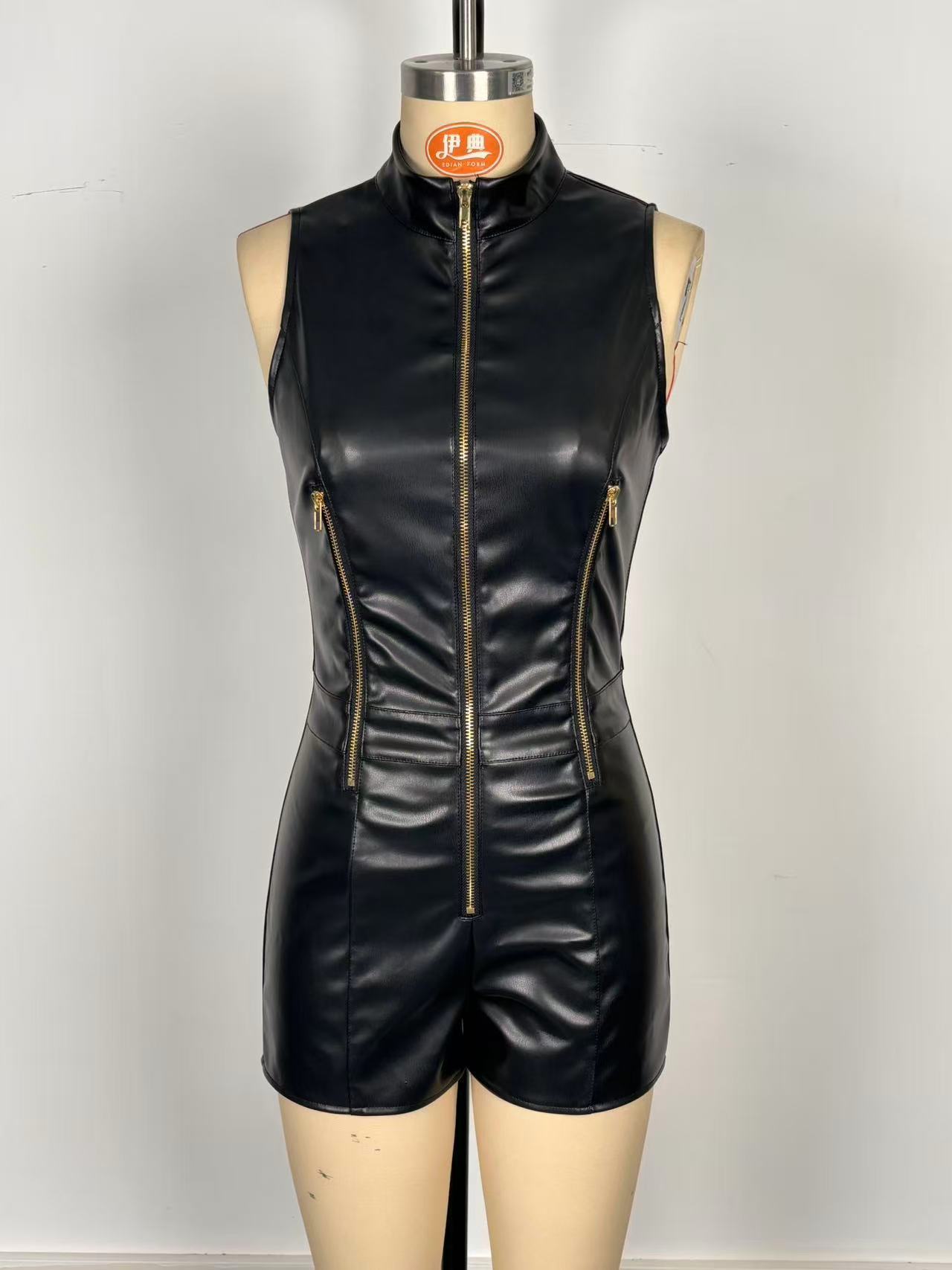 Women's PU leather jumpsuit styled for clubwear night out look